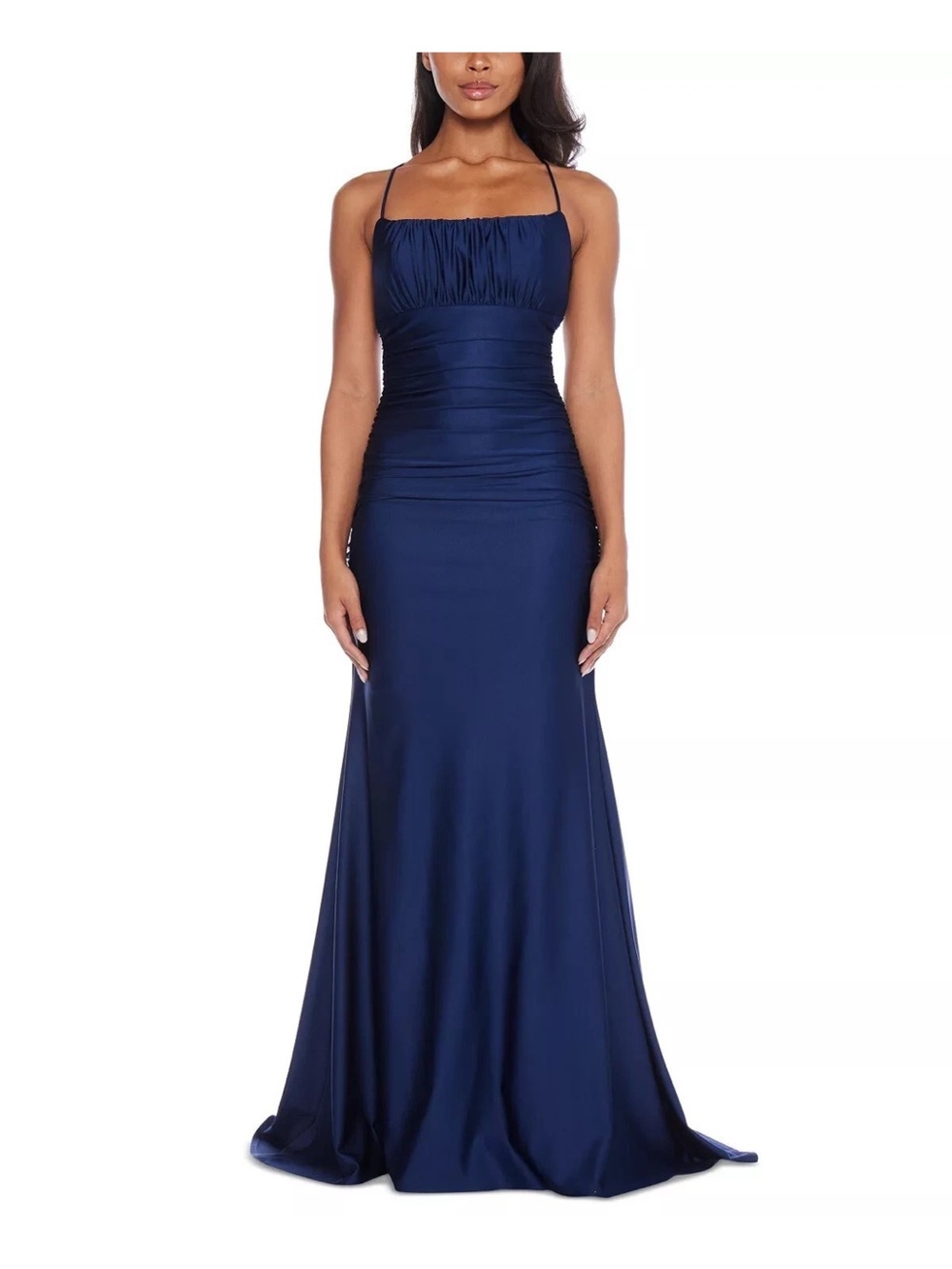 B Darlin Navy Ruched Bodice Spaghetti-Strap Maxi Gown